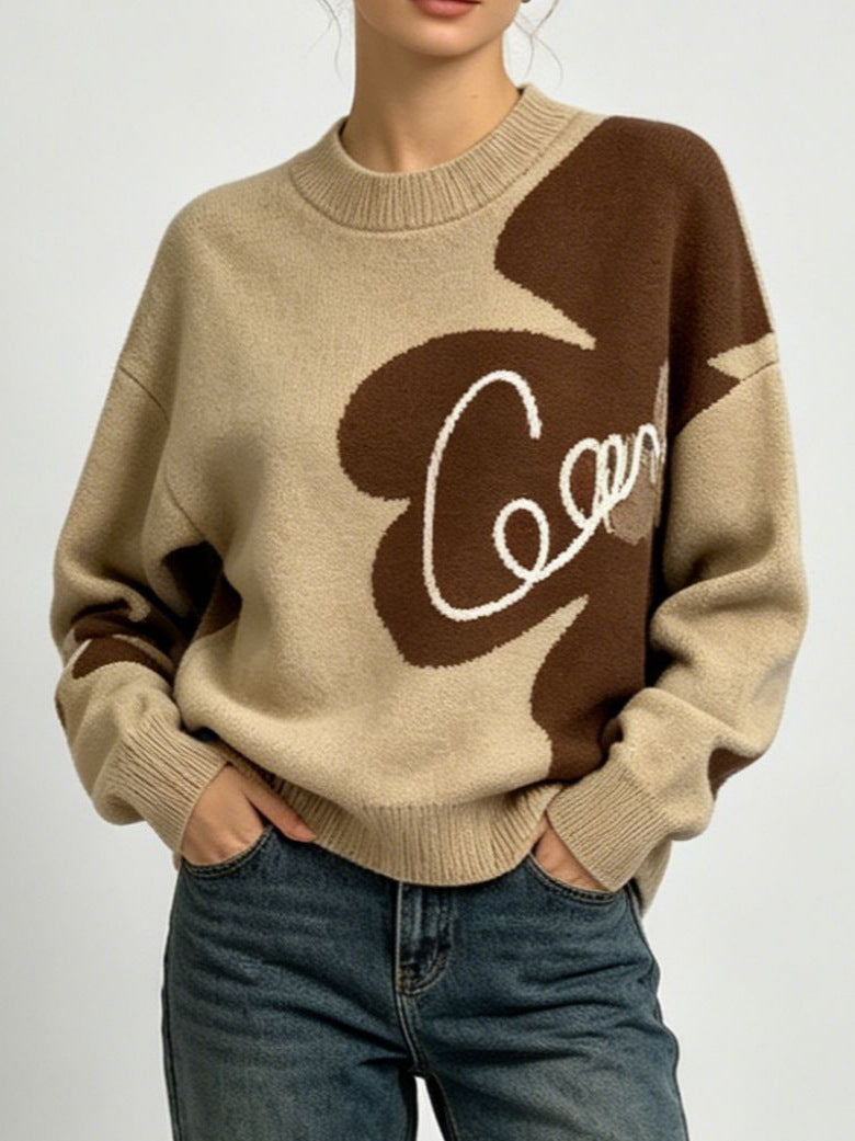 Floral Sweater for Women — Oversized Crew Neck Knit Pullover in Soft Wool
