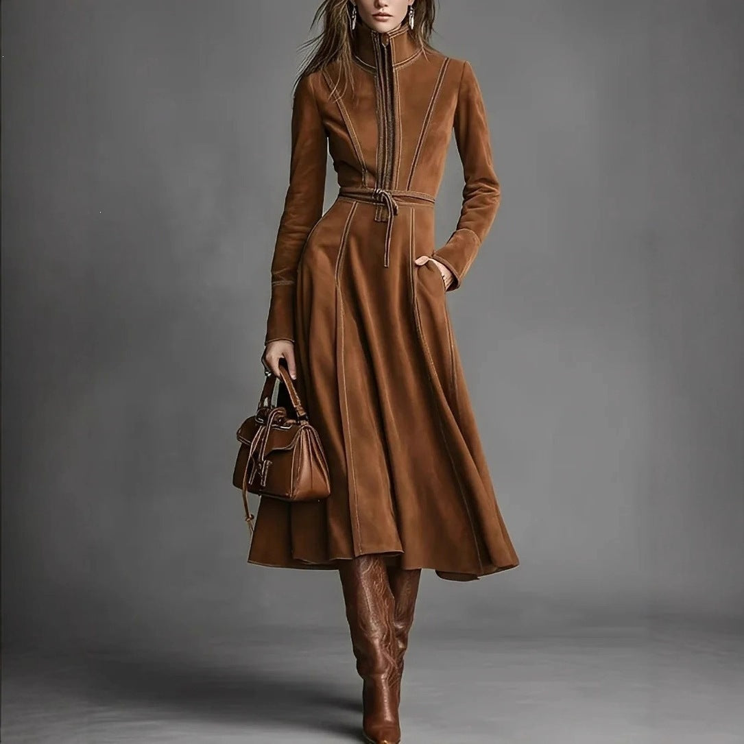 Brown stand-collar long-sleeve dress with drawstring waist, pockets, and flared skirt.