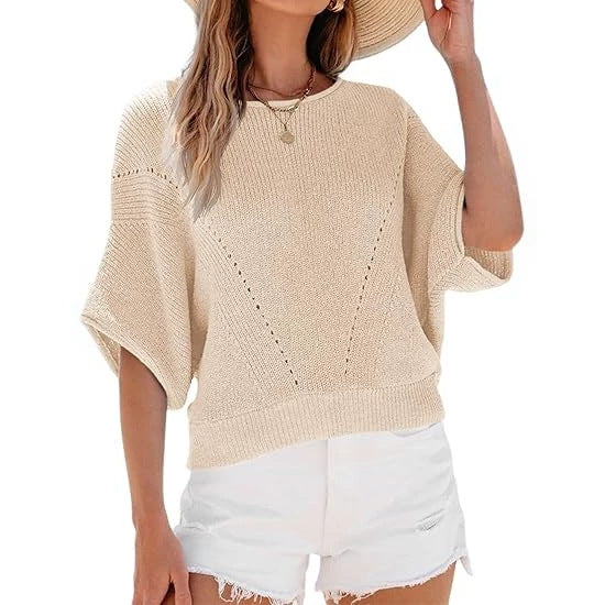 Apricot women’s knit pullover sweater with round neck and short batwing sleeves