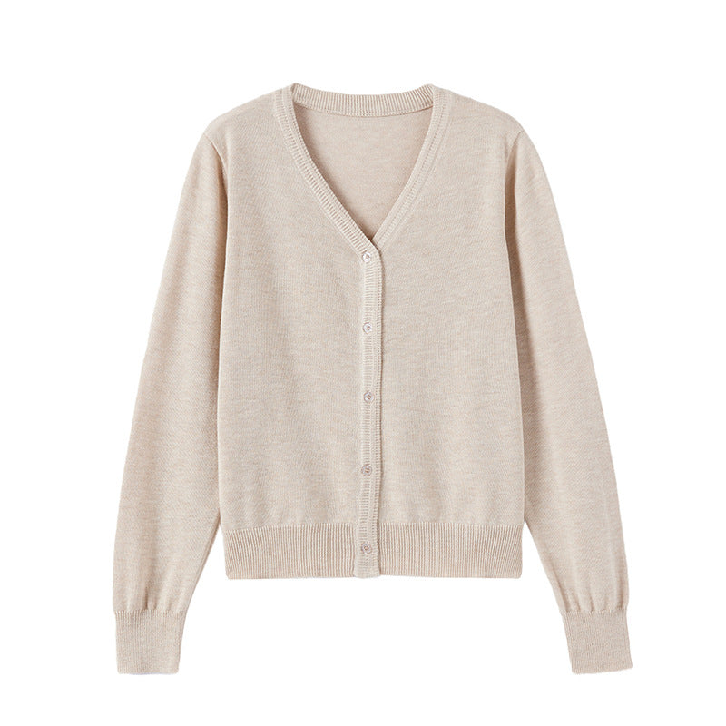 Women's beige V-neck button knit cardigan, long sleeves, ribbed cuffs