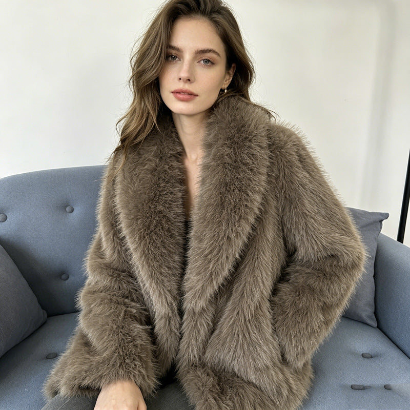 Gray faux shearling fur coat with wide shawl lapel, oversized fit, long sleeves