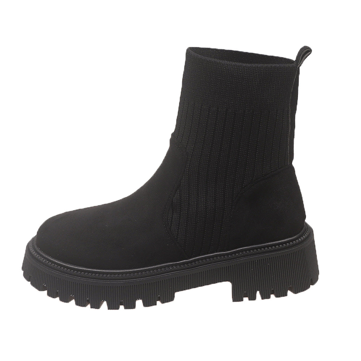 Black knit sock short boots with thick lug sole and pull tab
