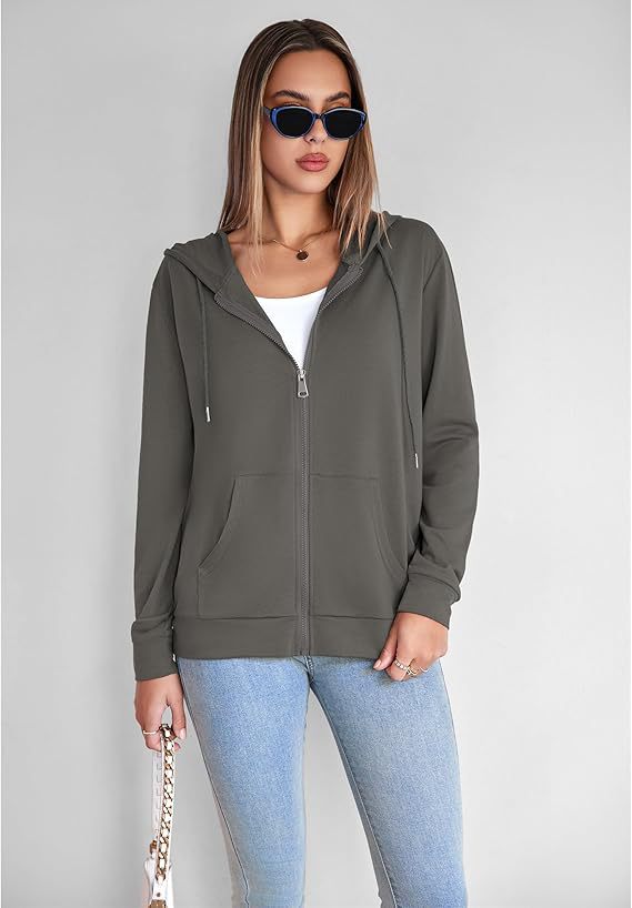 Dark gray zip-up hoodie with hood drawstrings and kangaroo pocket