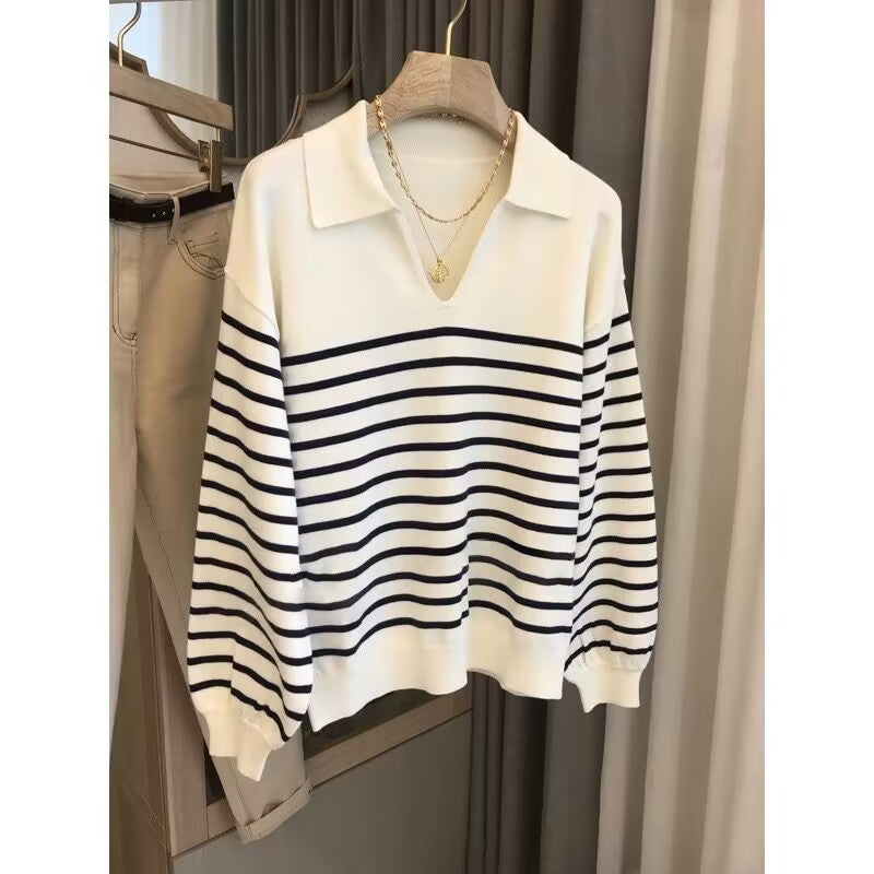Women's striped V-neck pullover sweater, cream and navy, long sleeves