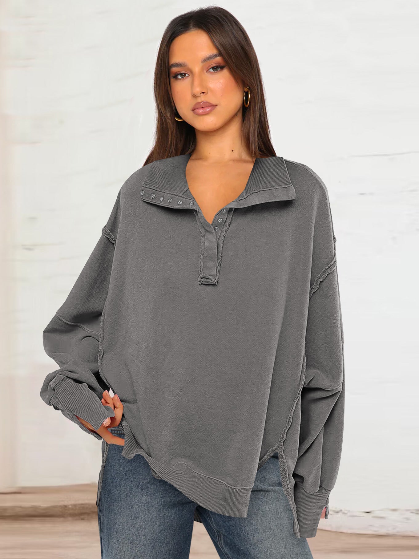 Women's gray polo-collar sweatshirt top with button placket and lantern sleeves