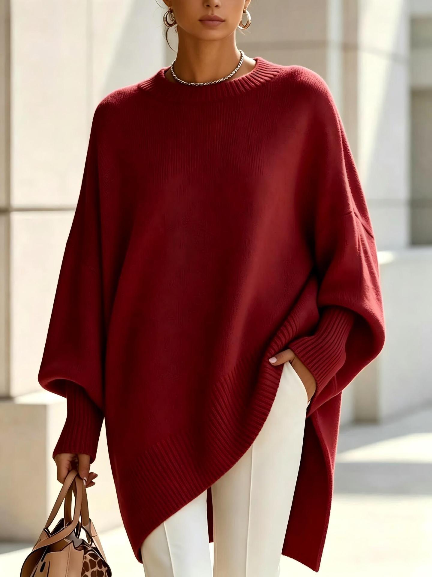 Oversized Sweater for Women — Batwing Sleeve Knit Pullover with Asymmetric Hem in Merino Wool