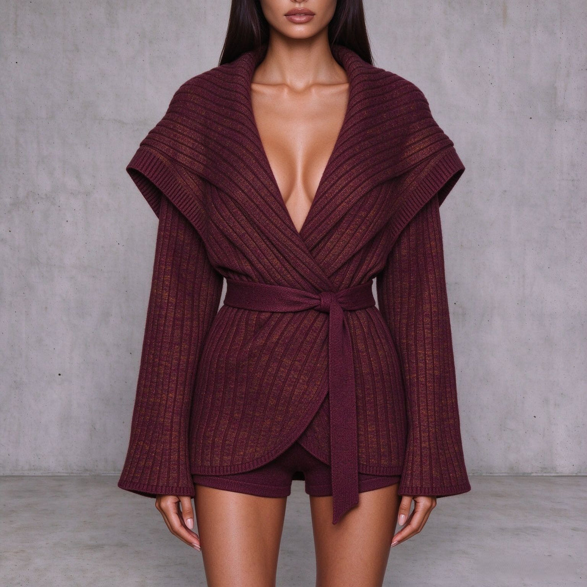 Wine burgundy chunky knit v-neck cardigan with tie waist over matching shorts