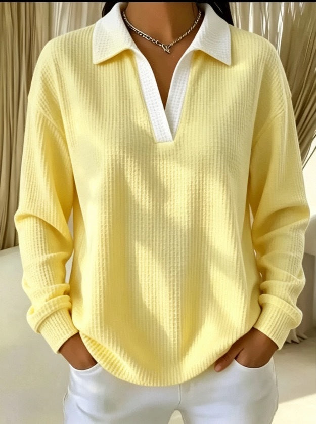 Yellow waffle-knit V-neck long-sleeve polo shirt with white contrast collar and placket