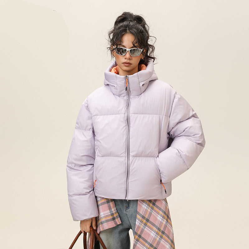 Lavender hooded puffer jacket, zip-front quilted short down coat
