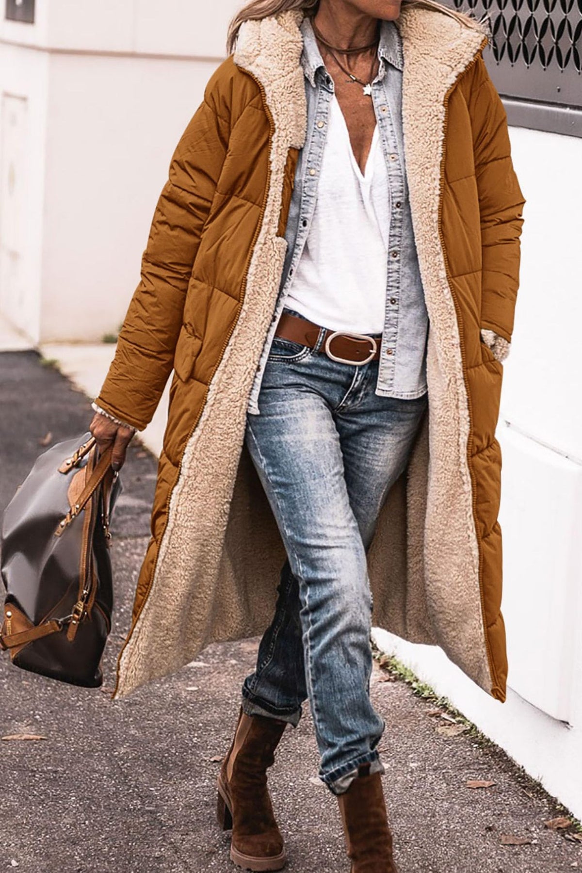 Hooded padded jacket in brown with beige sherpa lining and long sleeves