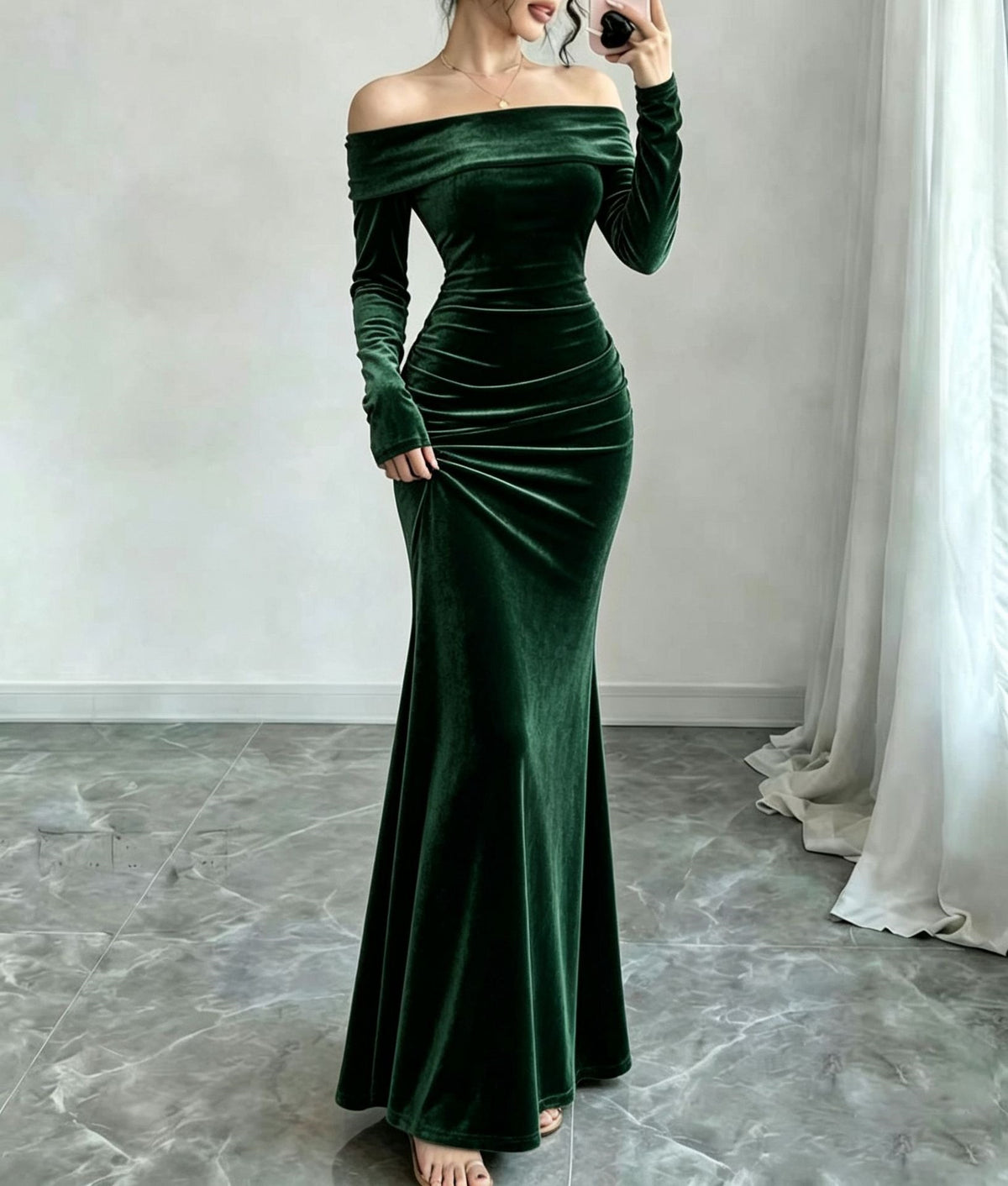 Velvet Maxi Dress with Off Shoulder Neckline — Long Sleeve Mermaid Evening Gown