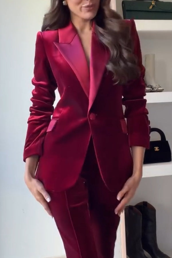 Women’s red velvet slim-fit blazer with satin lapel trim and single-button closure
