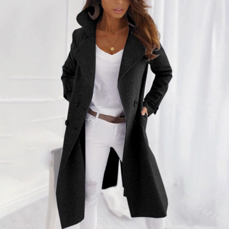 Women's long wool coat, black with notch lapels and double-breast button front