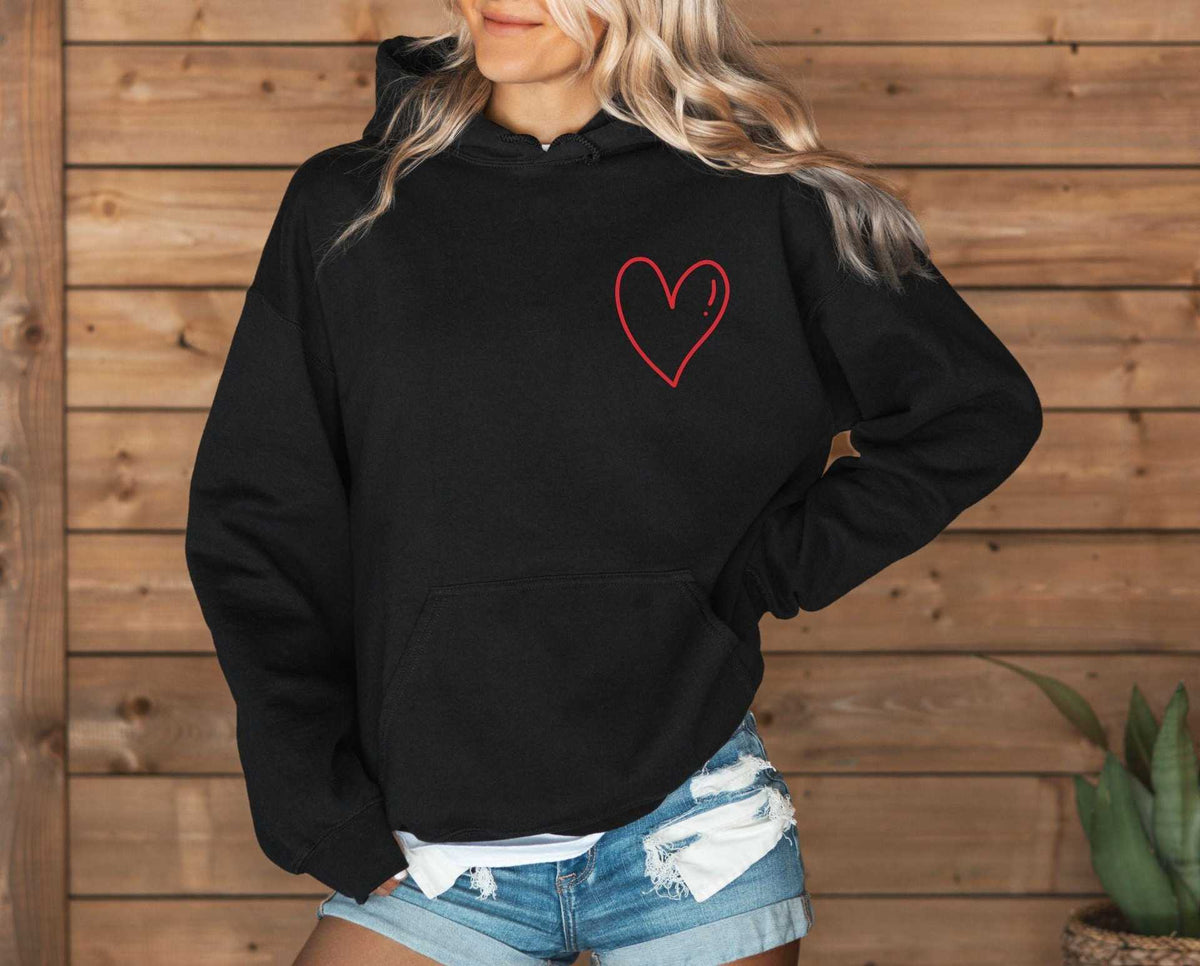 Black minimalist heart hoodie with red outlined heart on the front pocket area