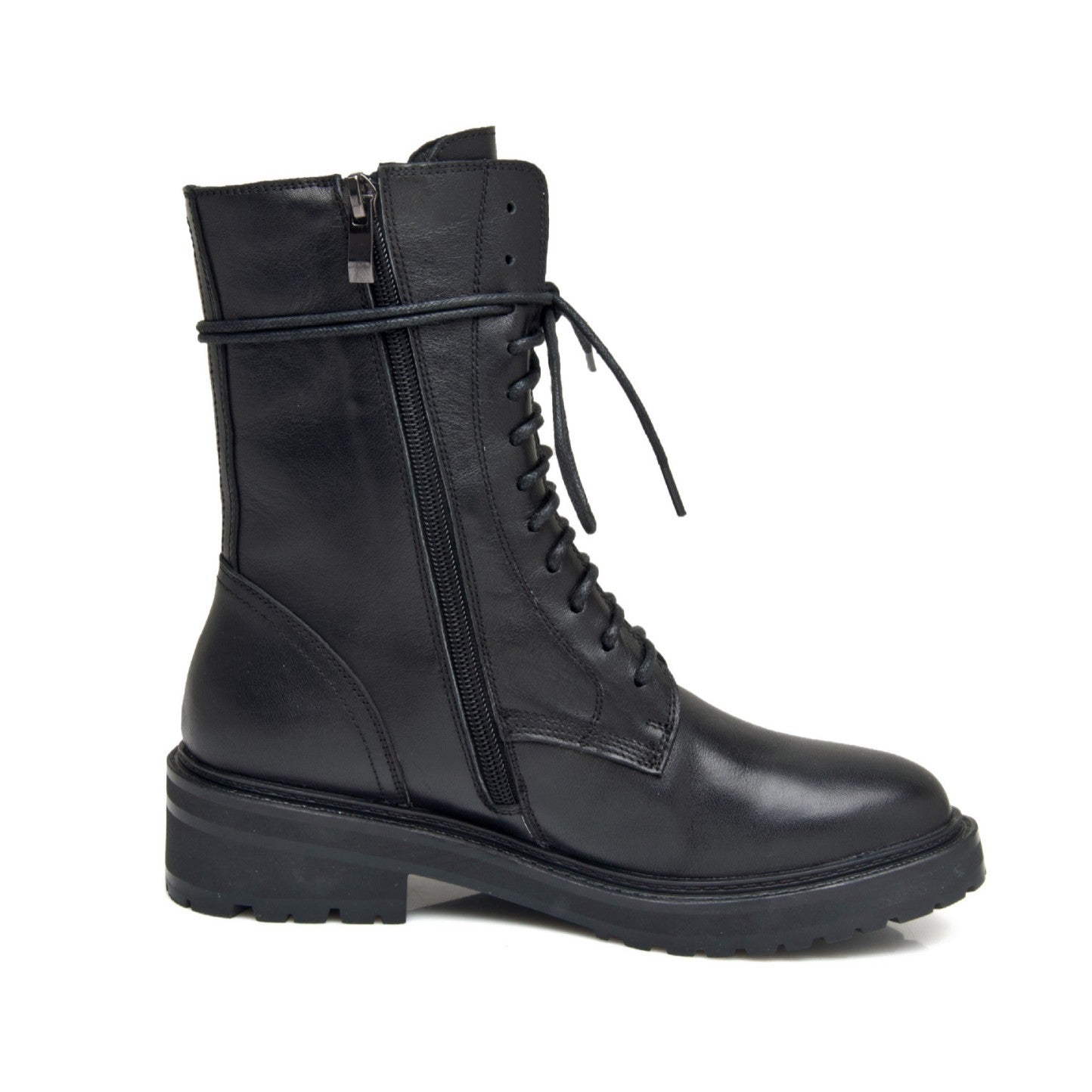 Women’s black mid-calf combat boots with front lace-up and side zipper