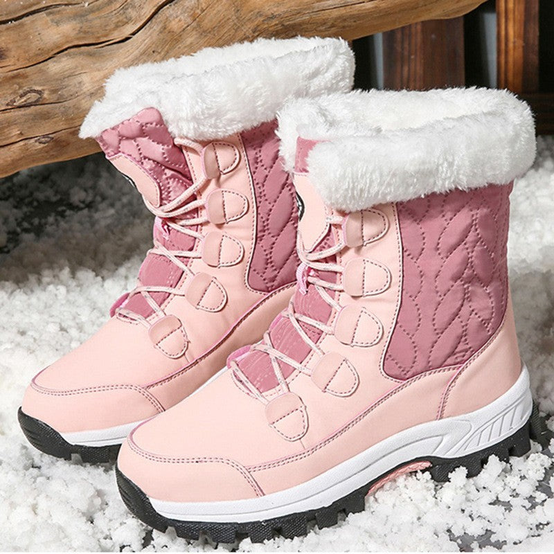 Women’s snow boots, pink mid-calf lace-up with fleece lining and chunky tread
