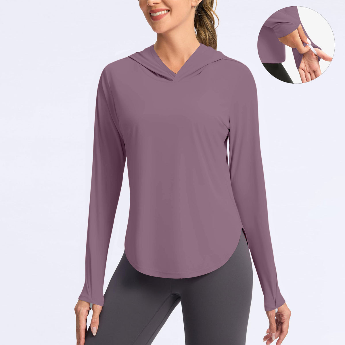 Women's hooded sun protection shirt, long-sleeve, purple V-neck with hood