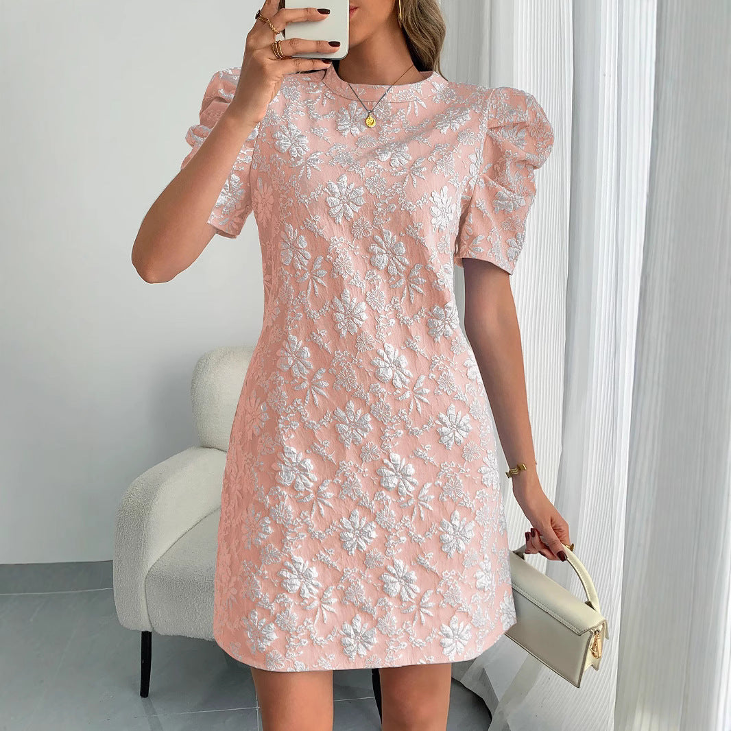 Floral Jacquard Mini Dress — Short Puff Sleeve A Line Shift for Weddings