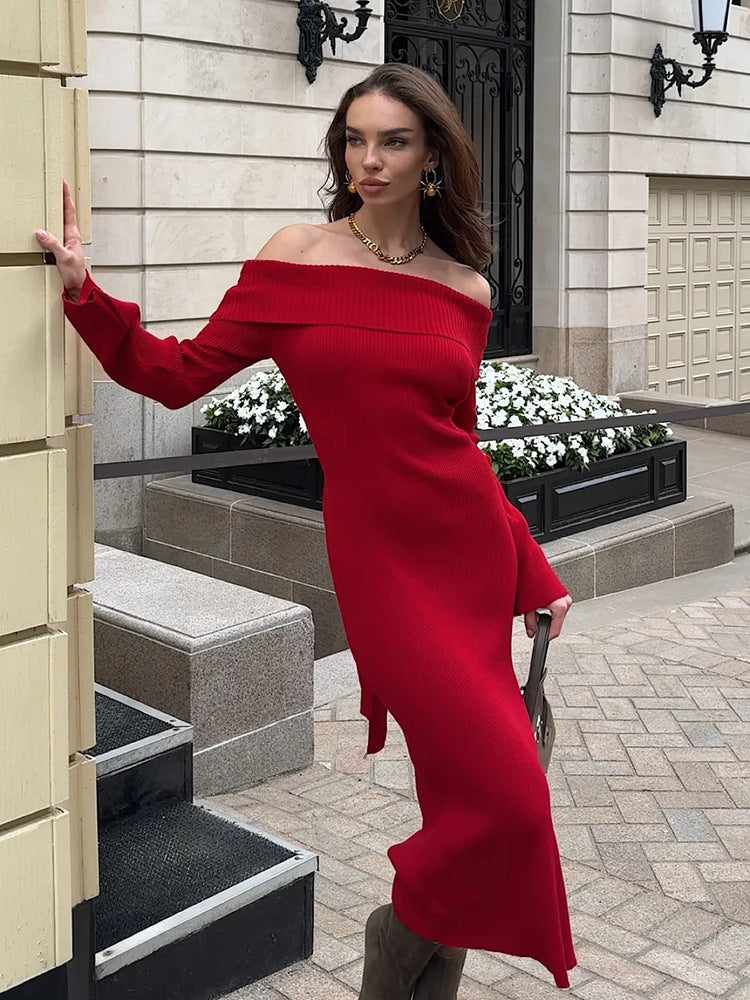 Off Shoulder Maxi Dress — Ribbed Knit Bodycon with Fold Over Neckline and Long Sleeves