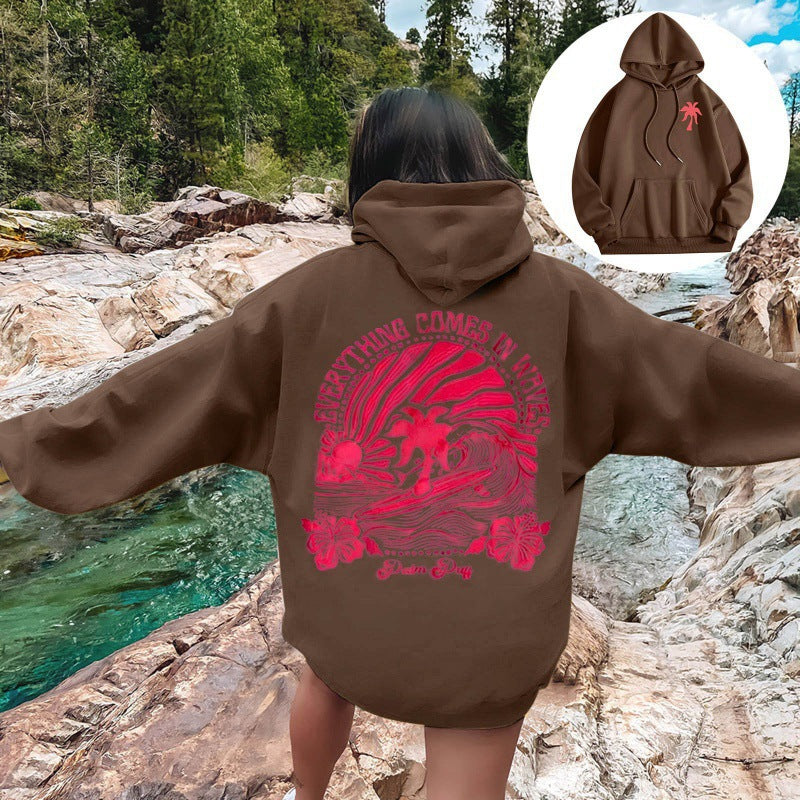 Surf Graphic Hoodie for Women — Oversized Back Print Pullover in Cotton Fleece