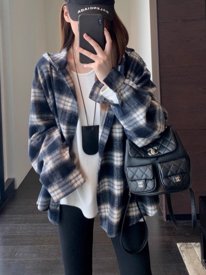 Women's blue plaid hooded shirt-jacket with button front and long sleeves