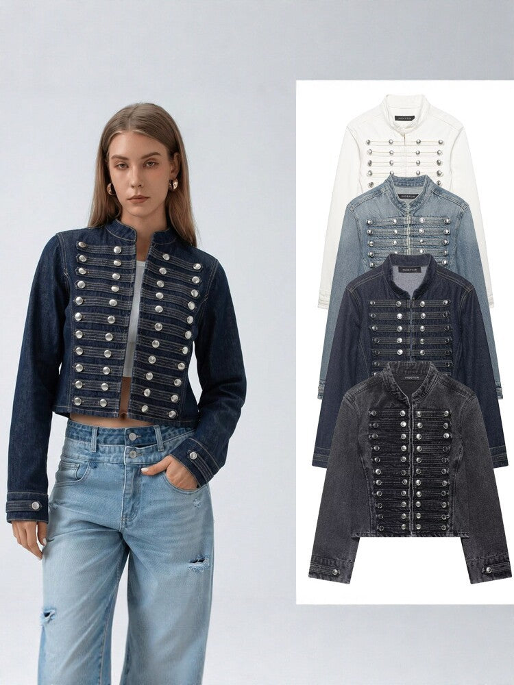 Women’s short dark blue denim jacket with stand collar, double-breasted snap-stud trim