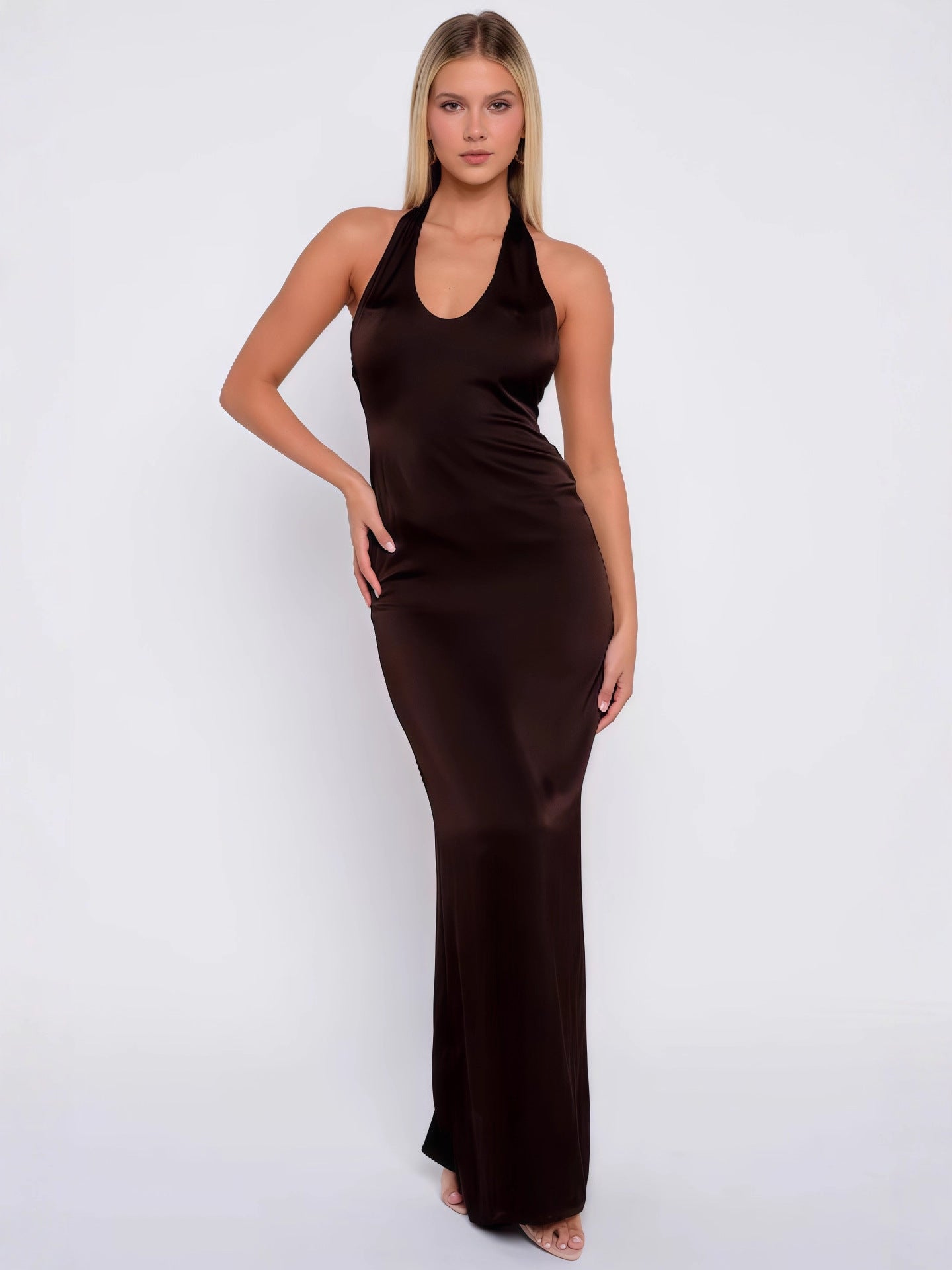 Satin Maxi Dress with Halter Neck — Backless Evening Gown with a Thigh High Back Slit