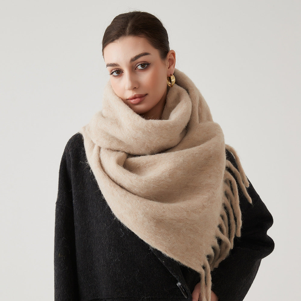 Women’s wool hair scarf, beige/tan solid wrap with soft fringe ends