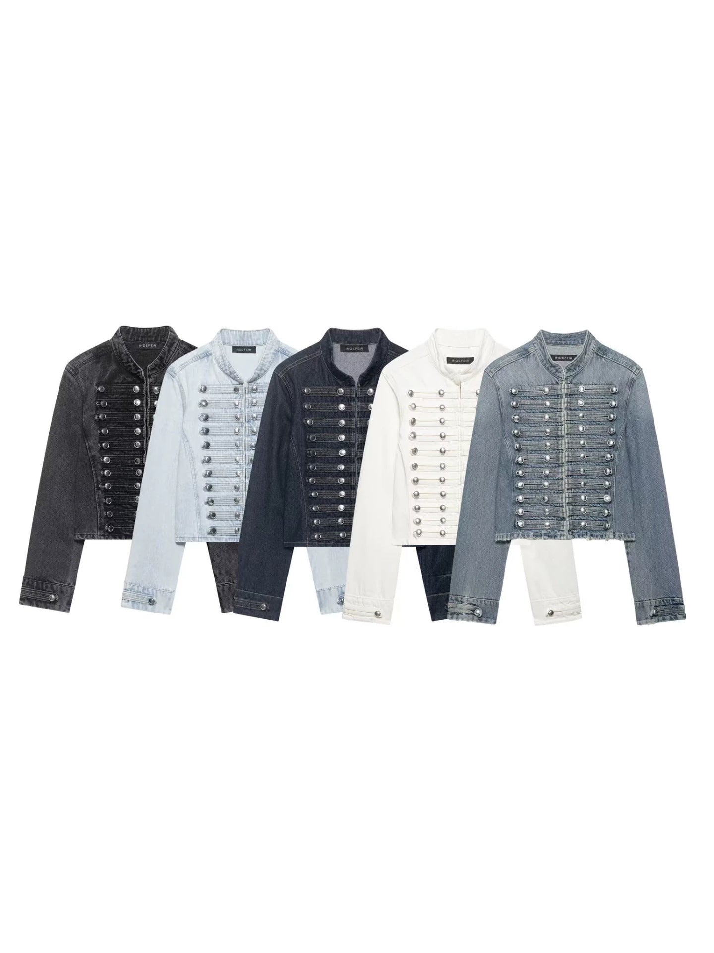 Women’s short denim jacket assortment with stand collar and double-breasted silver snap studs