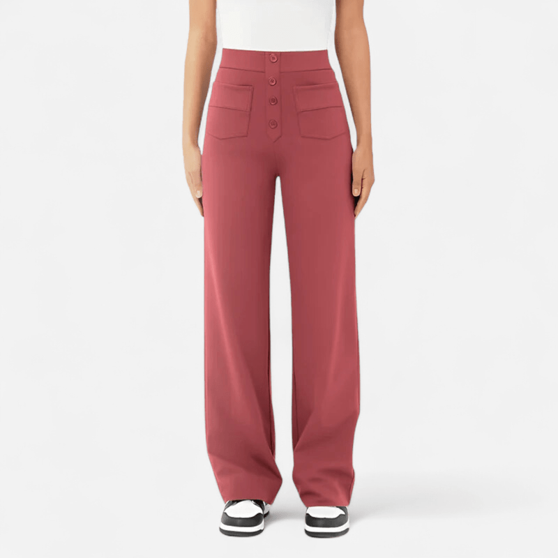 Women's rose red ponte wide-leg trousers, high waist, button front and patch pockets.