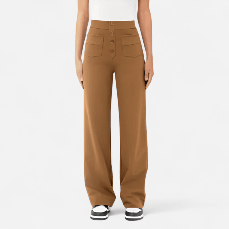 Women's tan ponte wide-leg trousers, high waist button front and side pockets.