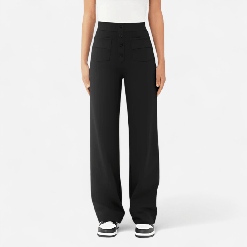 Women's black ponte wide-leg trousers, high waist, button front and side pockets.