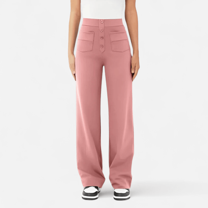 Women's dusty pink ponte wide-leg trousers with high waist and button front, side pockets.