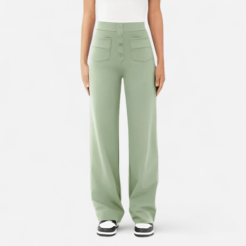 Women's sage green ponte wide-leg trousers, high waist button front with side pockets.