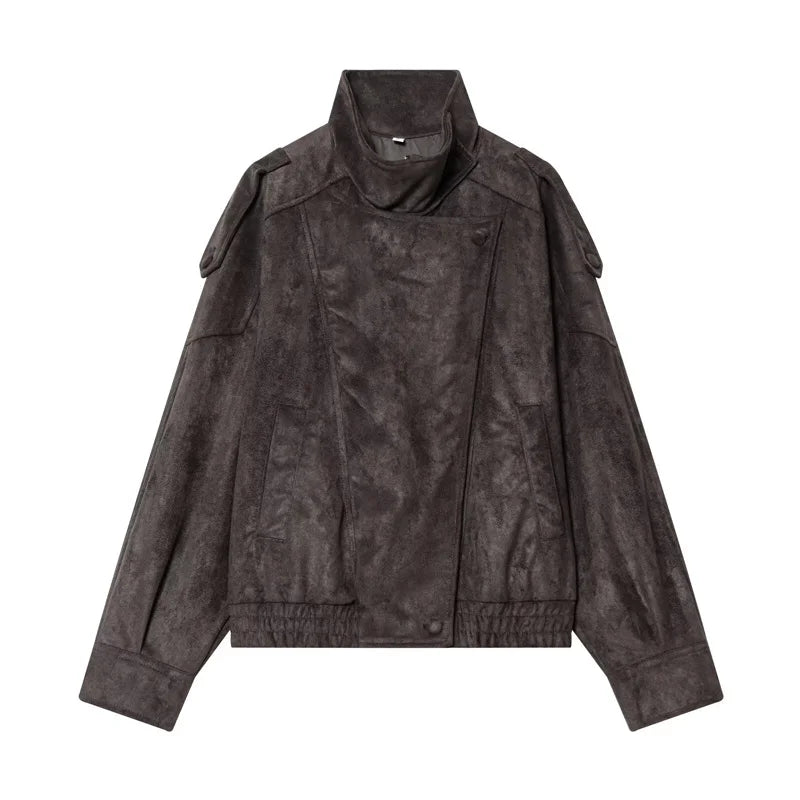 Women's dark faux leather jacket with long sleeves, high collar, shoulder tabs, and snap-front closure