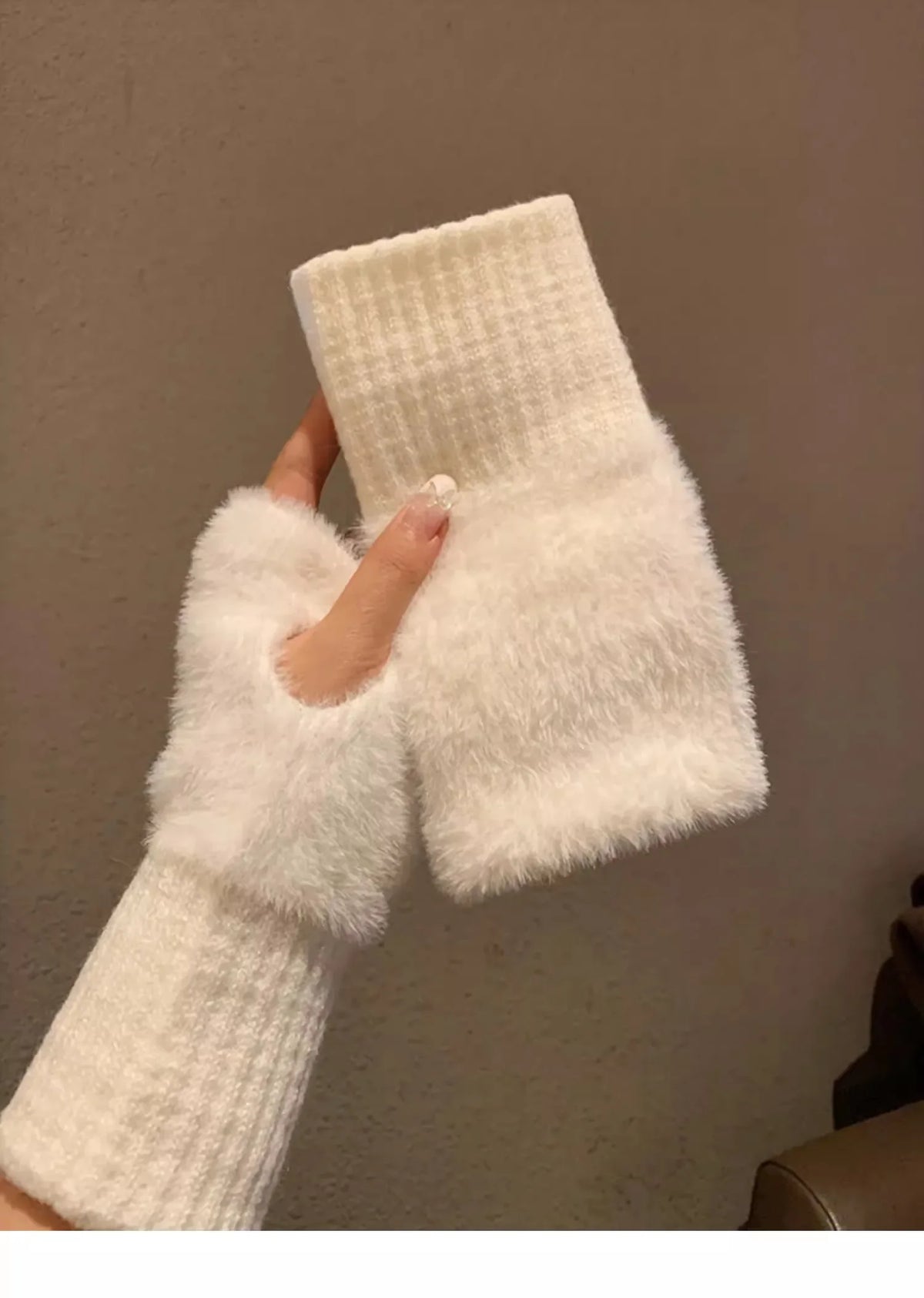 White fingerless gloves with fuzzy hand panels and rib-knit wrist sections