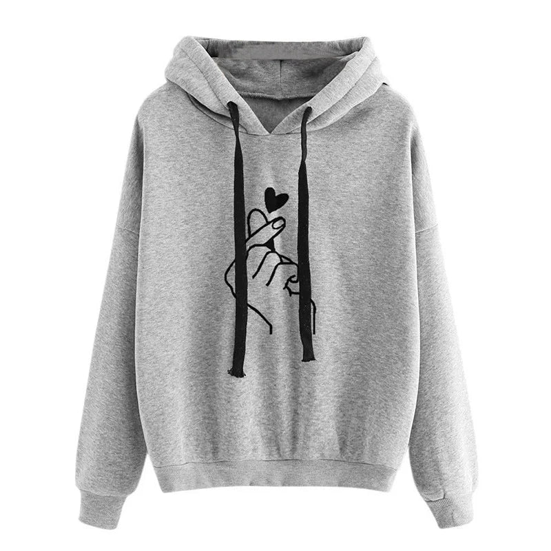 Gray fleece hoodie with black drawstrings and finger-heart graphic