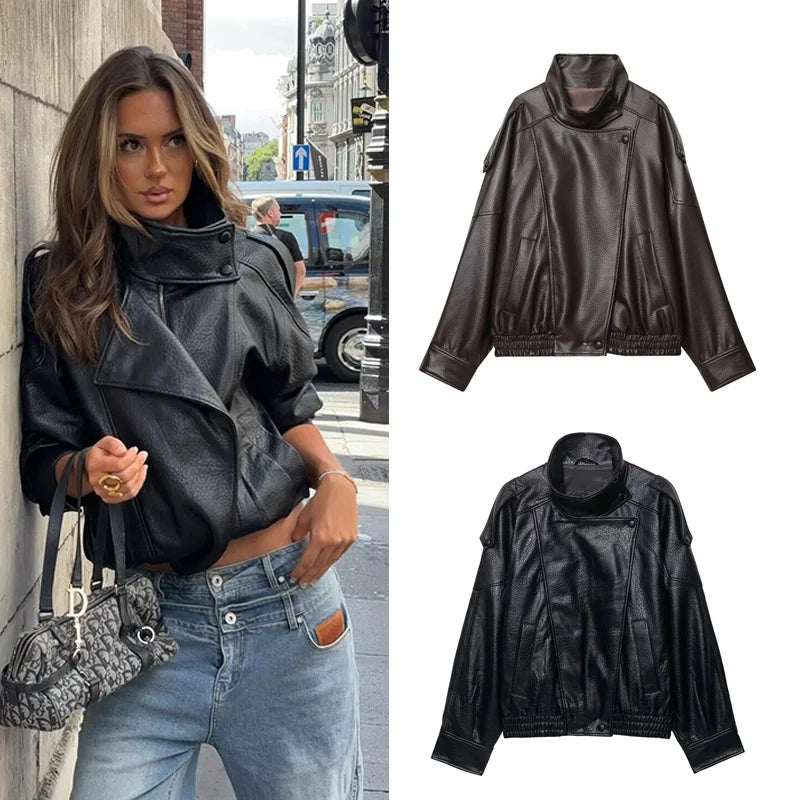 Women's faux leather jacket shown in black and dark brown, with a high collar and snap-front closure