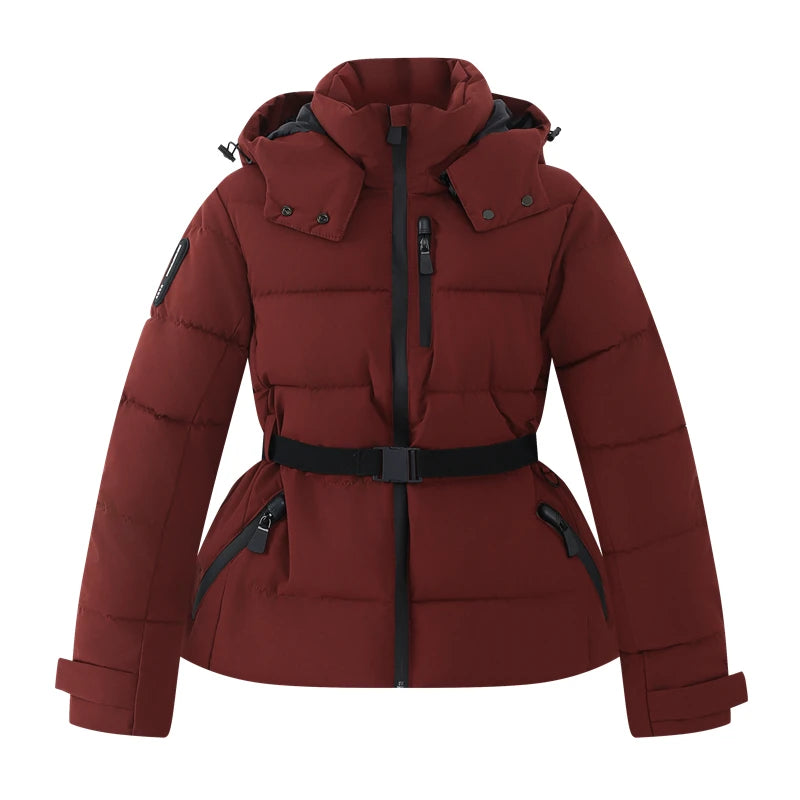 Burgundy hooded puffer parka with black belt and zippered pockets