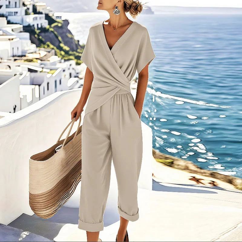 Women's beige wrap-front twist top and cropped tapered pants set, short sleeves