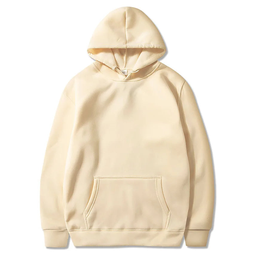 Women's cream pullover hoodie with a kangaroo pocket and ribbed cuffs