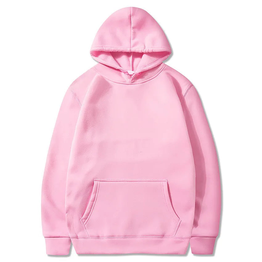 Women's pink pullover hoodie with a kangaroo pocket and ribbed cuffs