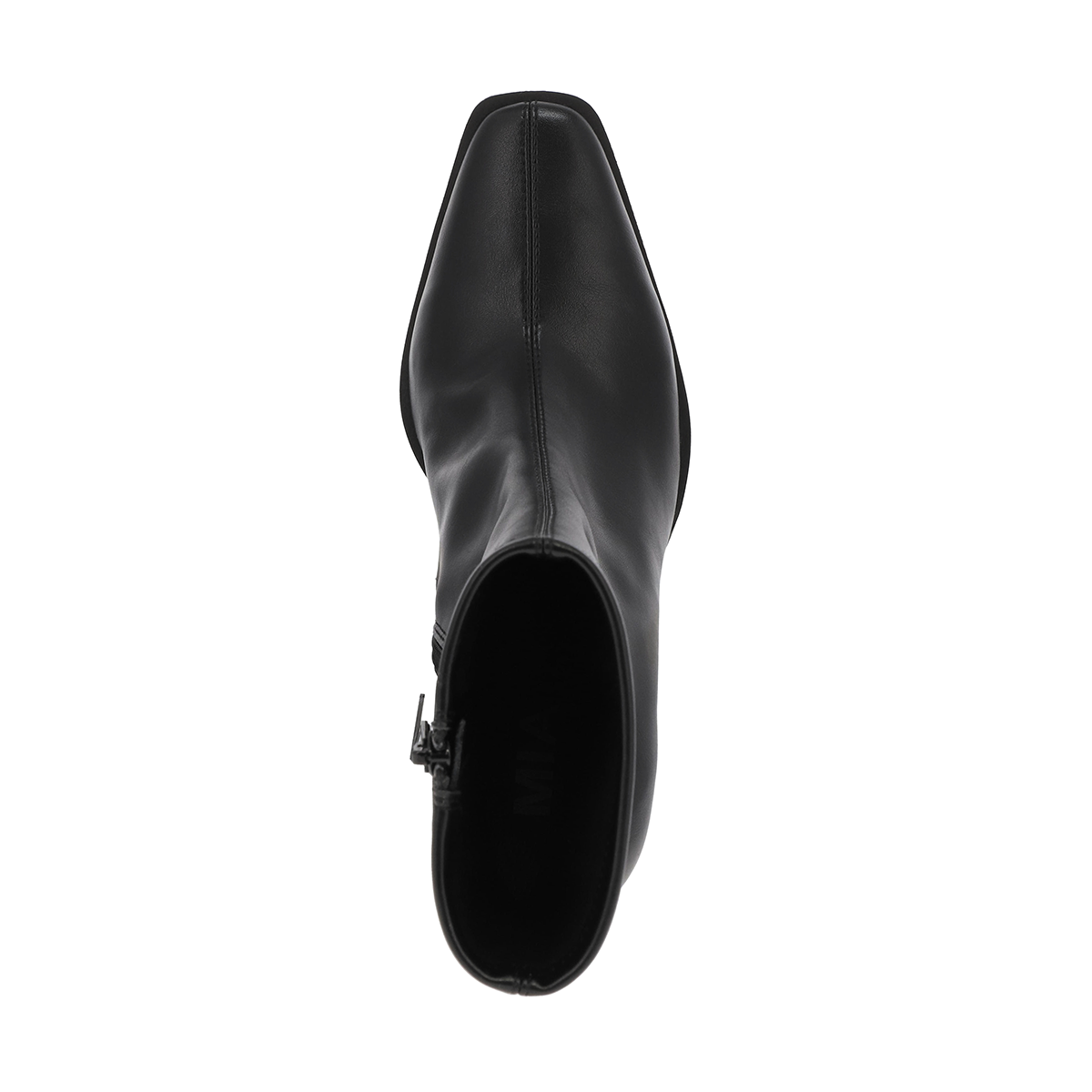 Black mid-calf ankle boots showing open toe and interior lining