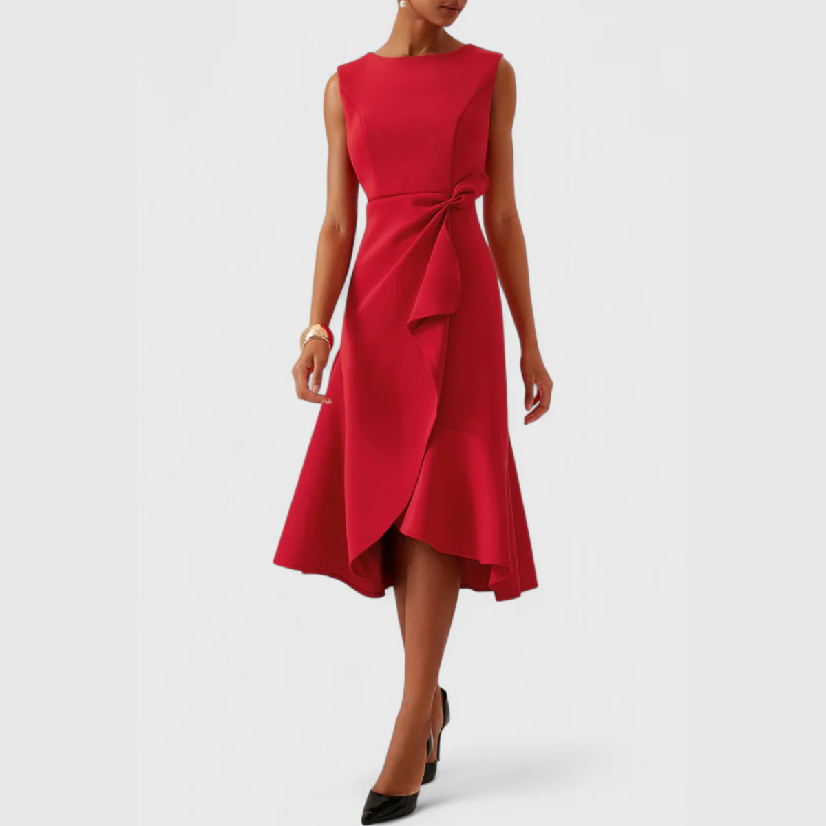 Sleeveless red midi dress with asymmetric ruffle and bow at waist, round neck