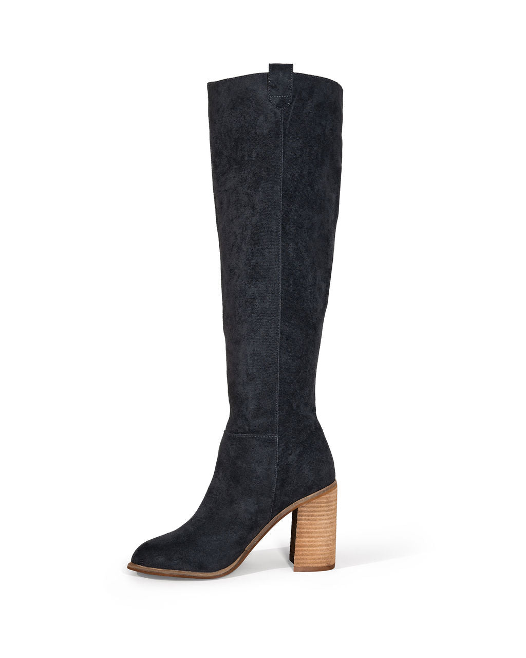Black slouch knee-high boot with block heel and wide pull-on top