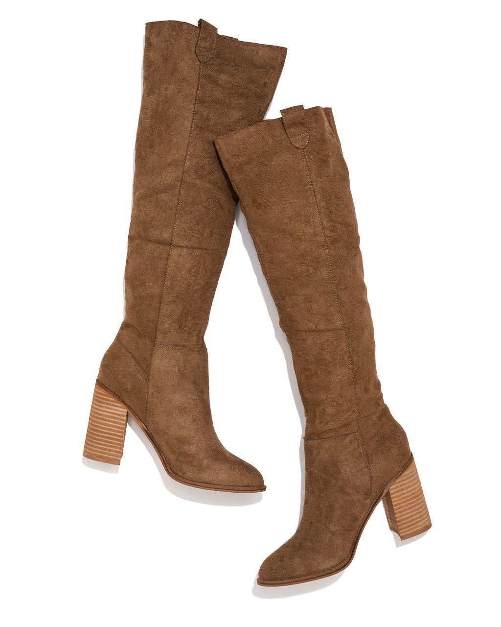 Pair of camel slouch knee-high boots with stacked block heel