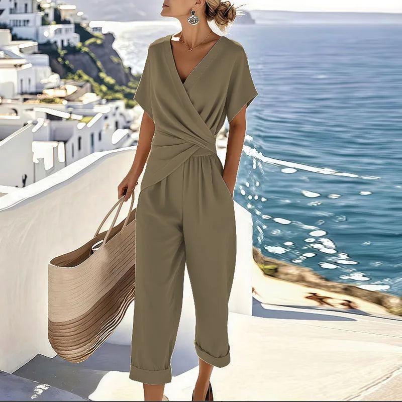 Women's olive khaki wrap-front twist top and cropped tapered pants set, short sleeves