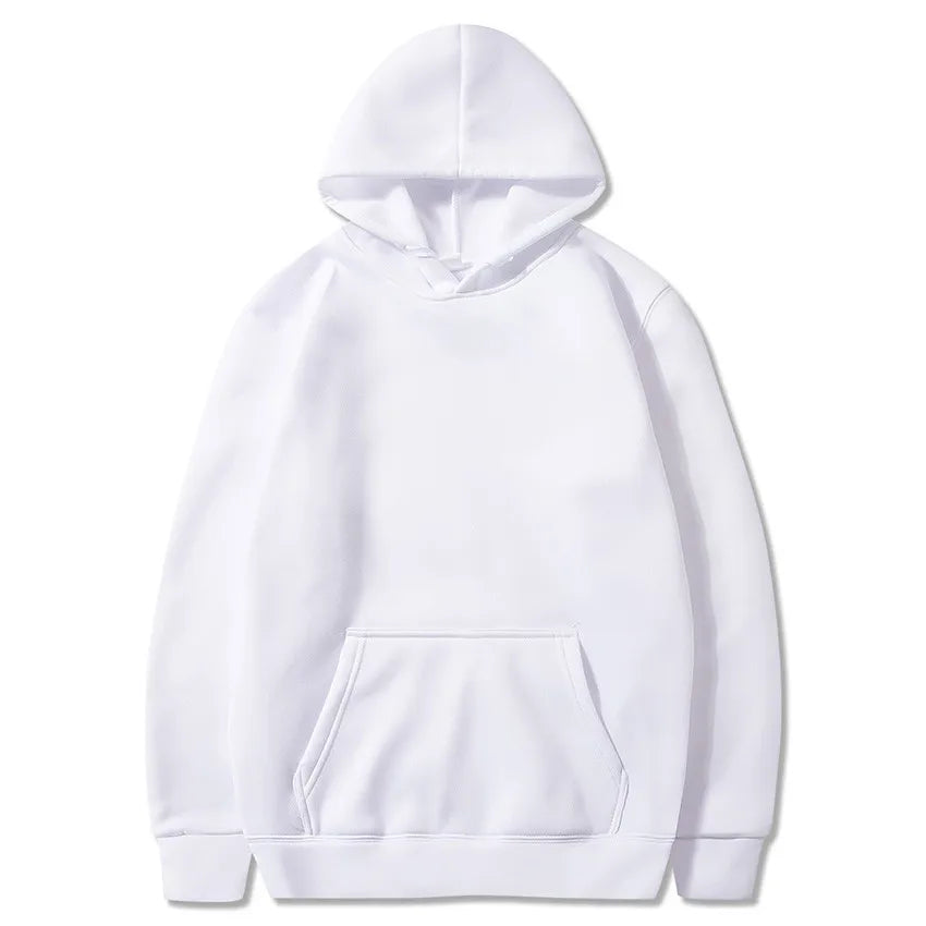 White pullover hoodie with long sleeves, a drawstring hood, and a front kangaroo pocket