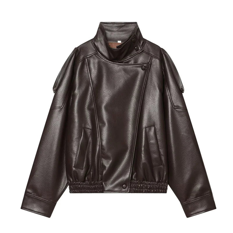 Dark brown faux leather jacket with a high collar, snap-front closure, side pockets, and elastic hem