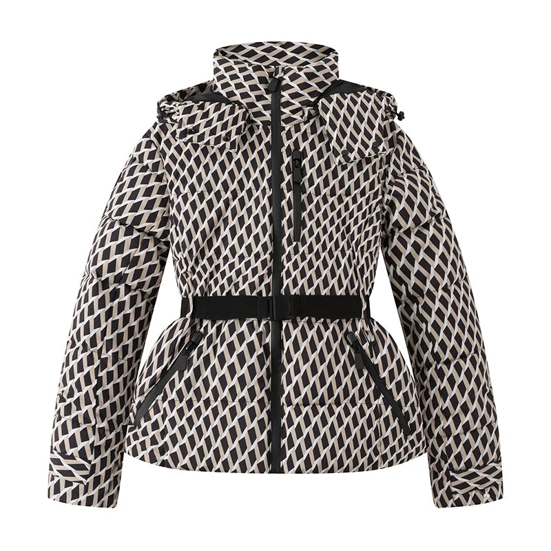 Women's patterned hooded parka with black waist belt and front zipper